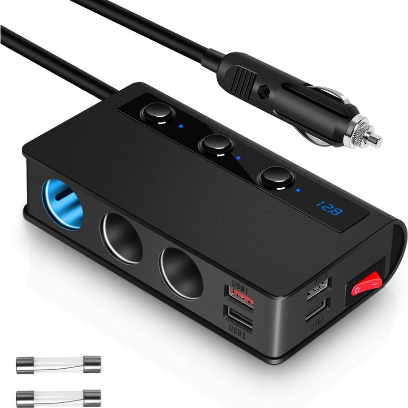 Qc 3.0 180w Usb-kfz-ladegerät Mit Separatem Schalter, 3-fach Zigarettenanzünder-splitter, 4 Schnelllade-usb-anschlüssen, Schnelllade-kfz-ladeadapter Für Iphone, Ipad Und Gps