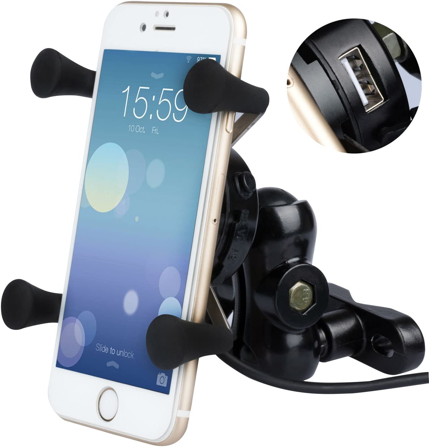 Litzee Motorrad Handyhalter, Universal Aluminium 360 ° Drehbarer Motorrad Handyhalter X-grip Mit 5v 2.1a Usb Ladegerät Für Alle 3,5 Zoll Bis 6 Zoll Gps Handys