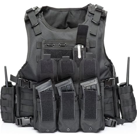 Litzee – Verstellbare, Schwarze Taktische Weste – Strapazierfähiges 900d-nylon – Herausnehmbare Taschen Für Ballistische Platten – Größen S Bis Xxl – Für Professionelle Einsätze