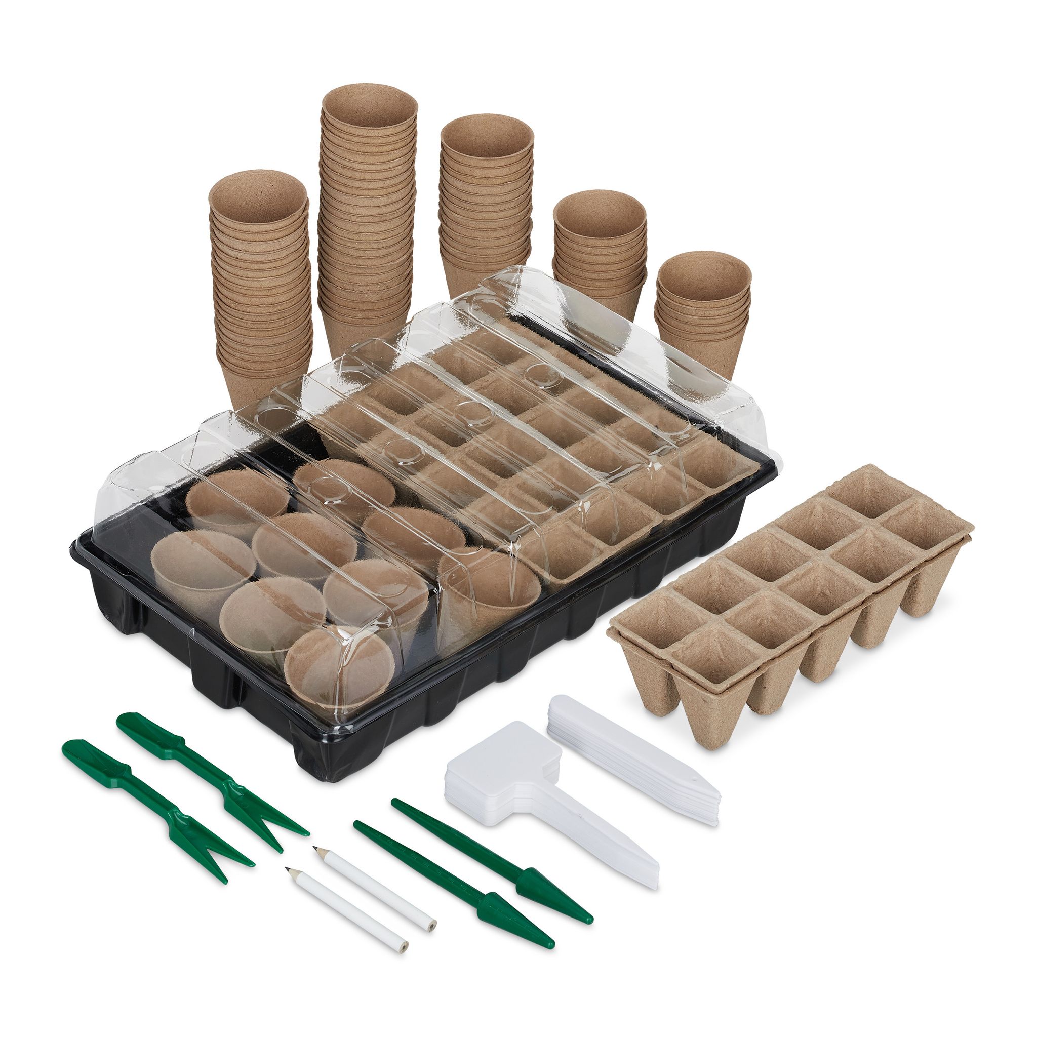 Relaxdays Anzuchtset 131 Tlg., Für Pflanzen, Anzuchtkasten Mit Anzuchttöpfen, Pikierwerkzeug & Pflanzschildern, Schwarz