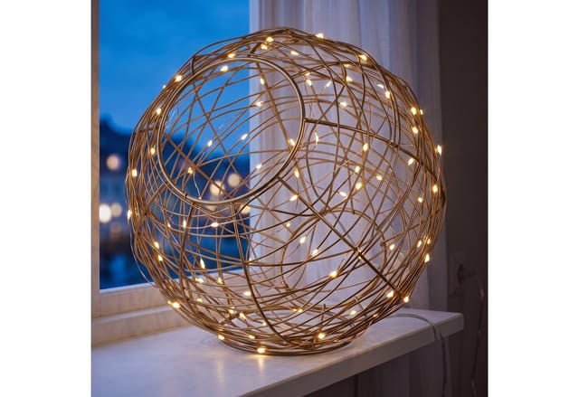 Relaxdays Led Dekokugel, Batteriebetrieben, Drahtkugel, Hängen & Stellen, Langes Kabel, Leuchtkugel, Ø 20 Cm, Gold