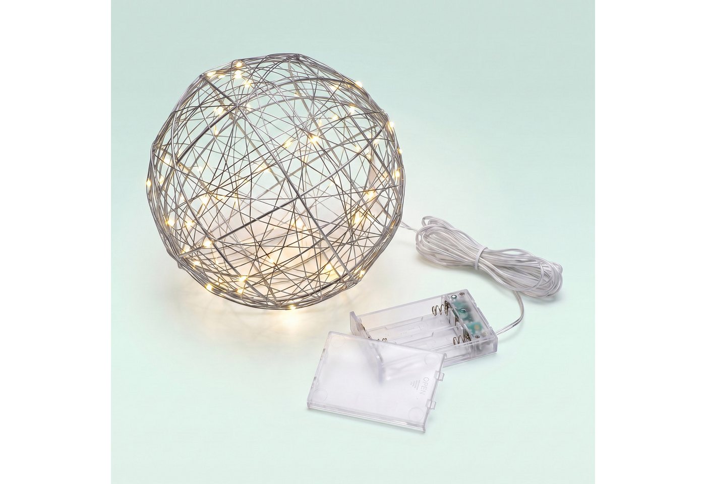 Relaxdays Led Dekokugel, Batteriebetrieben, Drahtkugel, Hängen & Stellen, Langes Kabel, Leuchtkugel, Ø 20 Cm, Silber Bild 3