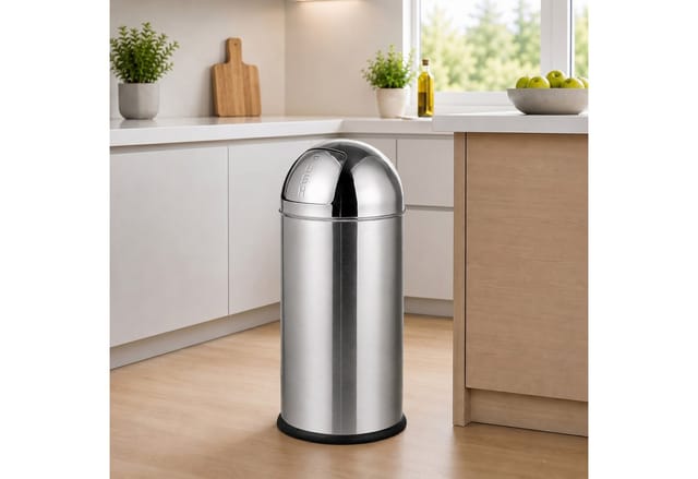 Relaxdays Mülleimer, 50 Liter, Push-deckel, Edelstahl, Entnehmbarer Inneneimer, Küche, Badezimmer, Abfalleimer, Silber