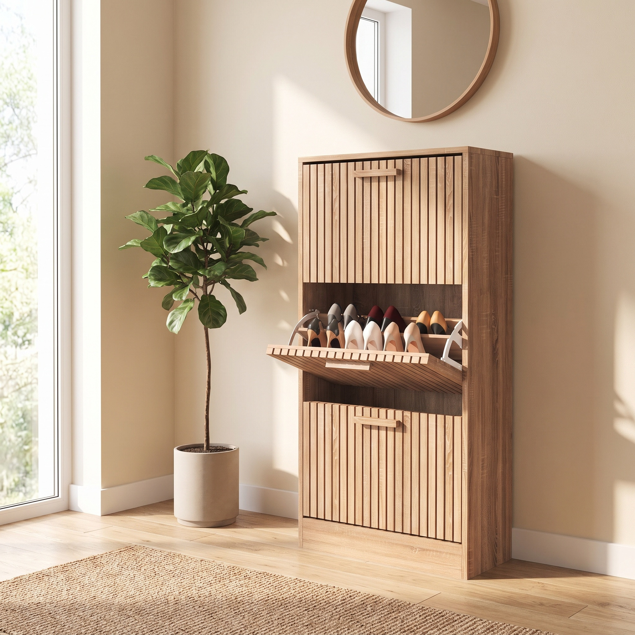 Schuhschrank - 60x24x113 Cm - Schuhkipper Platzsparend Slim Mit 3 Belüfteten Klappen Für Flur Und Eingangsbereich - Moderner Skandinavischer Stil Aus Holz - Natur