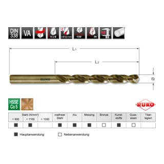 RUKO Spiralbohrer DIN 338 Typ VA HSSE Co 5 in SB-Tasche Ø 2,9 x 61 x 33 mm