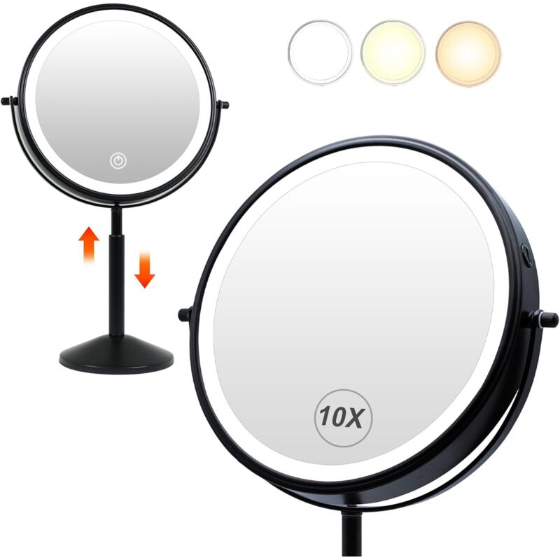 9" (23 Cm) Großer, 10-fach Vergrößernder Kosmetikspiegel Mit Wiederaufladbarer Led-beleuchtung, Höhenverstellbar, Freistehend, 360° Drehbar, Schwarz, Für Den Schreibtisch.