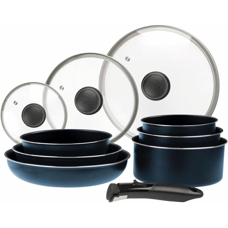 10-teiliges Kochgeschirr-set Aus Mattblauem Aluminium: Abnehmbarer Griff, 3 Bratpfannen (20, 24, 28 Cm Durchmesser), 3 Töpfe (16, 18, 20 Cm Durchmesser), 3 Glasdeckel (16, 20, 24 Cm Durchmesser), Geei