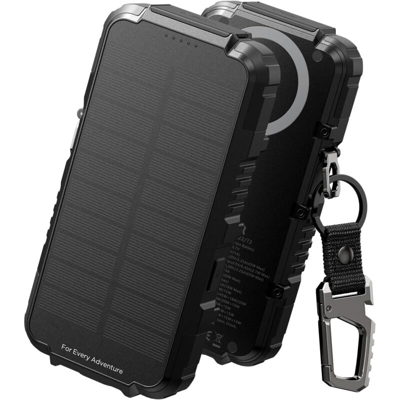 Solar-powerbank Mit 27.000 Mah Kapazität, 65-w-schnellladefunktion (pd3.0 & Qc3.0), Tragbarer Externer Akku Mit Kabelloser Ladefunktion, Taschenlampe Und Karabinerhaken
