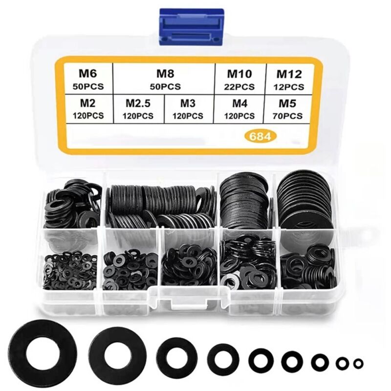 684 Stück Unterlegscheiben, M2, M2,5, M3, M4, M5, M6, M8, M10, M12, Schwarze Unterlegscheiben Für Türscharniere, Flache Metall-sicherungsscheiben, Sortiment An Dichtungsscheiben Für Sanitärinstallatio