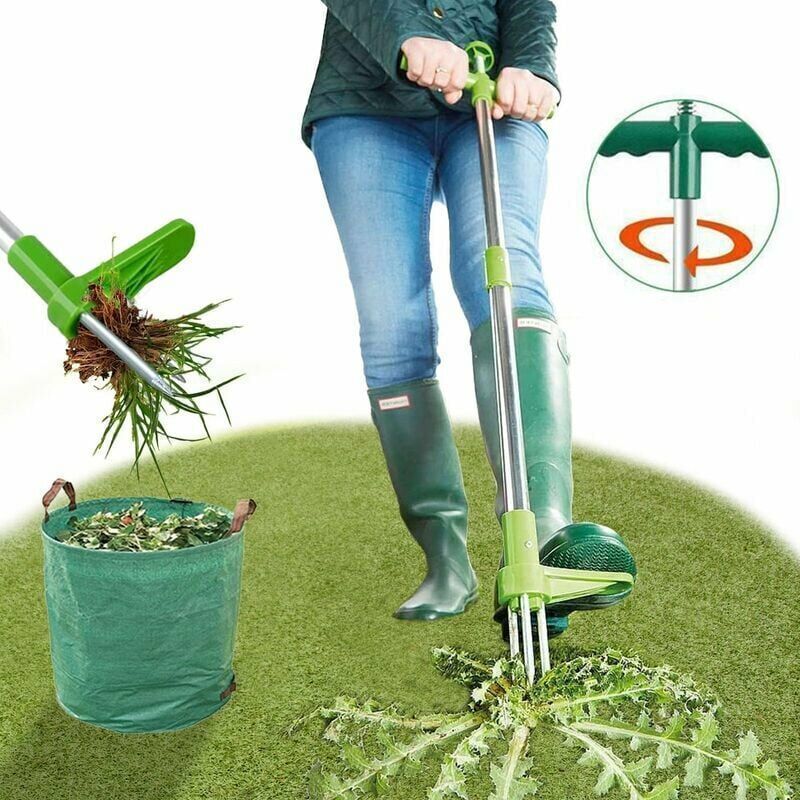Unkrautstecher, Stehendes Handunkrautentfernungsgerät, 99 Cm Langes Gartenunkrautentfernungsgerät Mit 3 Edelstahlzinken, Robustem Fußpedal Und Auffangbehälter Für