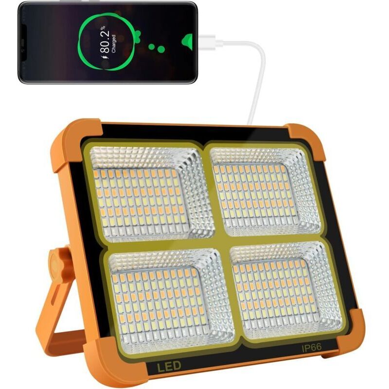 Wiederaufladbare 100-w-led-flutlichtleuchte Mit 1200 Lm, Solarpanel Und 16500-lithium-akku, Ideal Für Camping, Baustellen, Garagen Und Werkstätten.