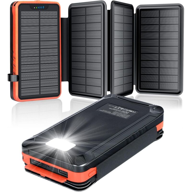 20000 Mah Solar-powerbank – 4 Faltbare Solarzellen – 2 Usb-a-anschlüsse (2,1 A) – Wasser- Und Stoßfest – Integrierte Taschenlampe