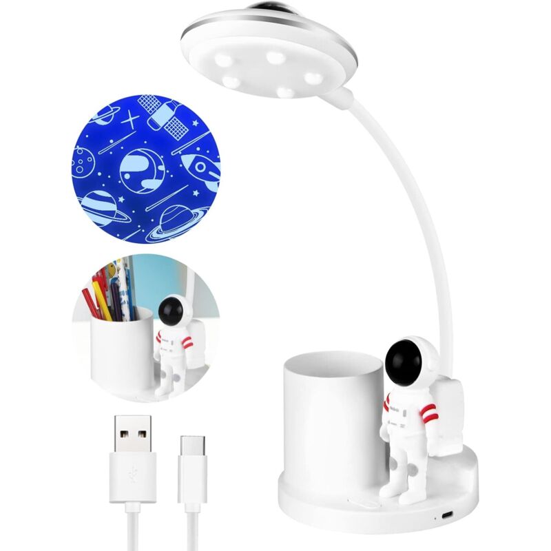 5-w-led-schreibtischlampe Für Kinder, Wiederaufladbare, Dimmbare, Kabellose Tischlampe Mit Stifthalter Und Projektionsfunktion, Flexible Schwanenhals-leselampe Für Büro Und Arbeitszimmer (weiß)