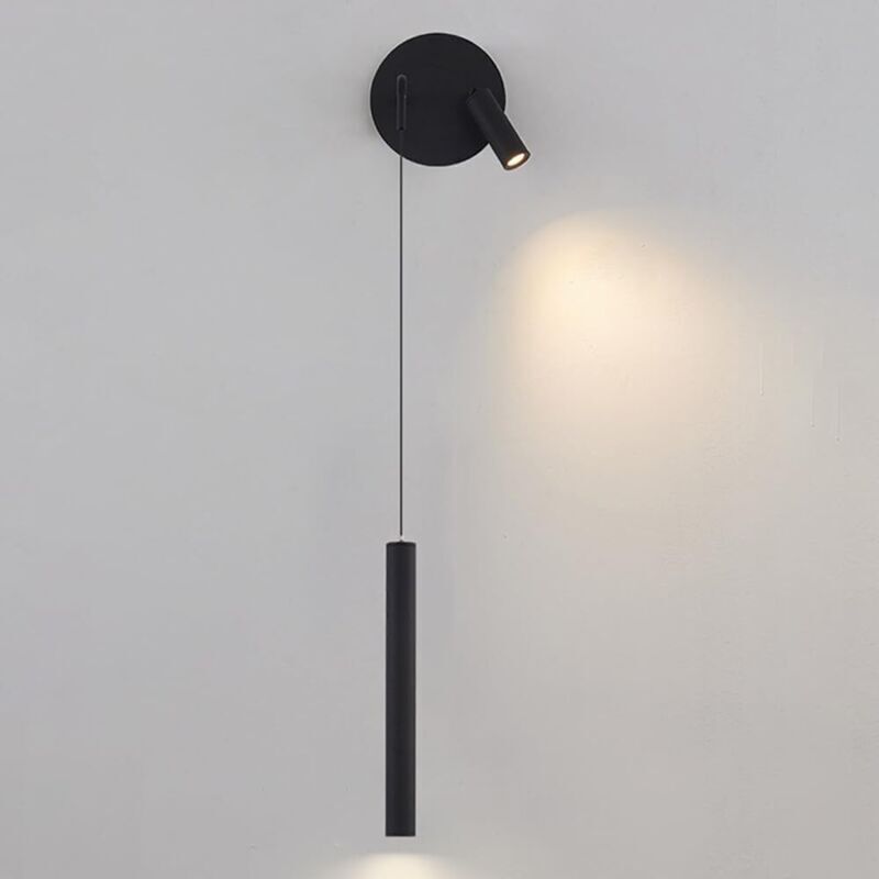 Lange, Schwarze Led-wandleuchte Mit Drehbarem Strahler, Nachttischlampe Aus Metall, Warmweißes Licht (3000 K)