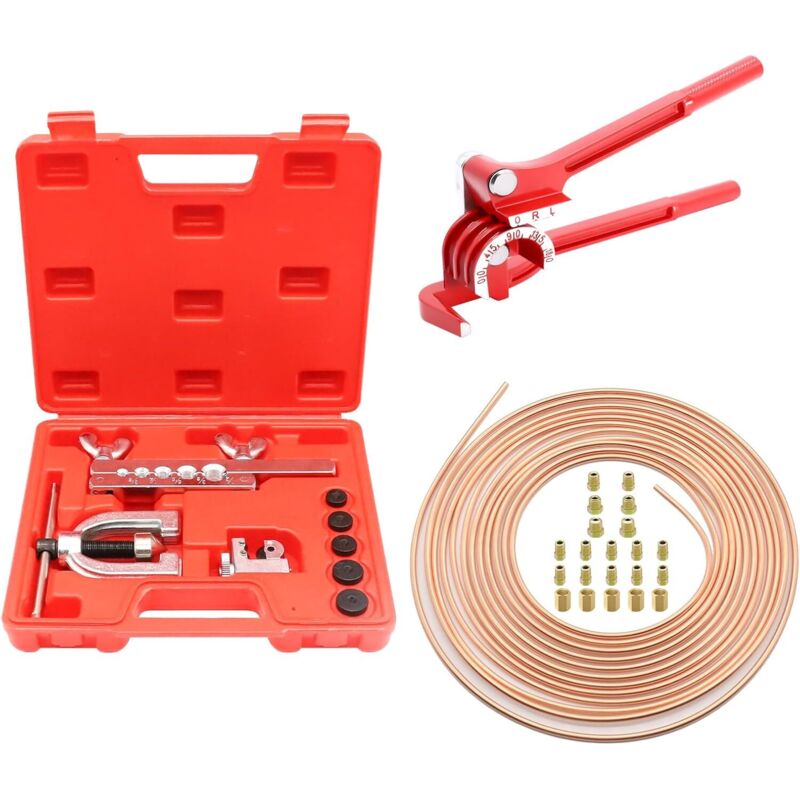 Bremsleitungssatz Für Pkw, 7,6 M Kupferbeschichtete Stahlbremsleitung, Ø 4,75 Mm, Mit Kupferrohrbieger, 16 Fittings + 5 Verbindungsstücke, Ideal Für Hydraulische Pkw-bremssysteme
