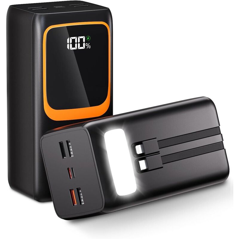 50.000 Mah Powerbank Mit Integriertem Kabel: Leistungsstarke, Schnellladefähige 22,5-w-powerbank, Tragbares Ladegerät Mit Led-taschenlampe Und 7 Ausgängen & 3 Eingängen (2 X 25.000 Mah)