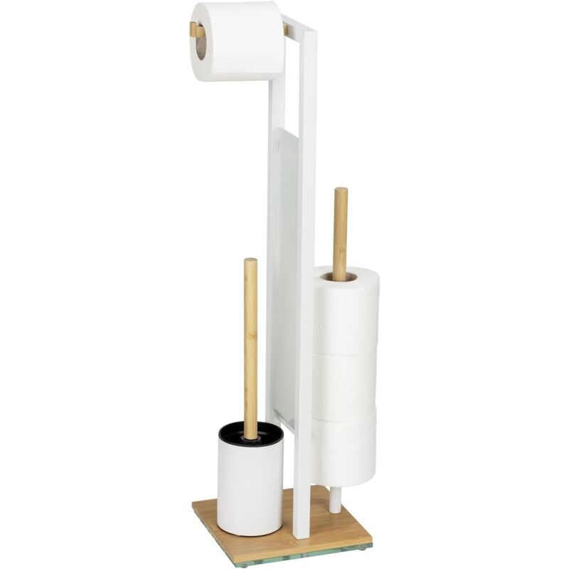 Freistehendes Wc-set, Wc-bürste, Toilettenpapierhalter, Bambus, Stahl, Sicherheitsglas, Rollenhalter, 18 X 70 X 23 Cm, Naturweiß