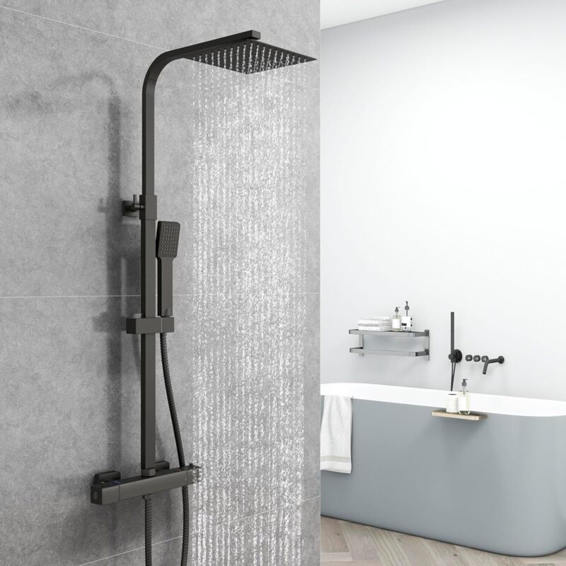 Thermostat-duschsäulenset Für Badezimmer, Thermostat-duscharmatur, Quadratischer Duschkopf, Chrom, Höhenverstellbar 730 Mm-1150 Mm (quadratisch 3, Schwarz)