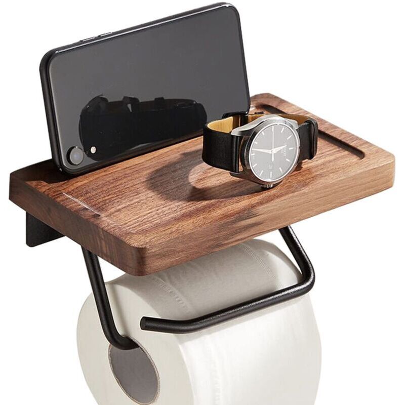Toilettenpapierrollenhalter, Wandmontage Mit Geräumiger Ablage, Selbstklebender Toilettenpapierhalter Für Küche Und Bad, Holz (a)