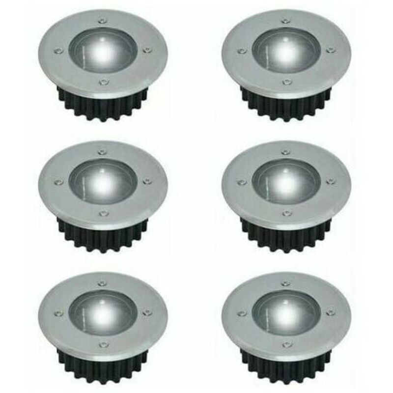 Set Mit 6 Runden, Eingelassenen Solar-led-bodenstrahlern, Durchmesser: 85 Mm. Wetterfestes Gehäuse. Frontplatte Aus Edelstahl. 6 Solarlampen.