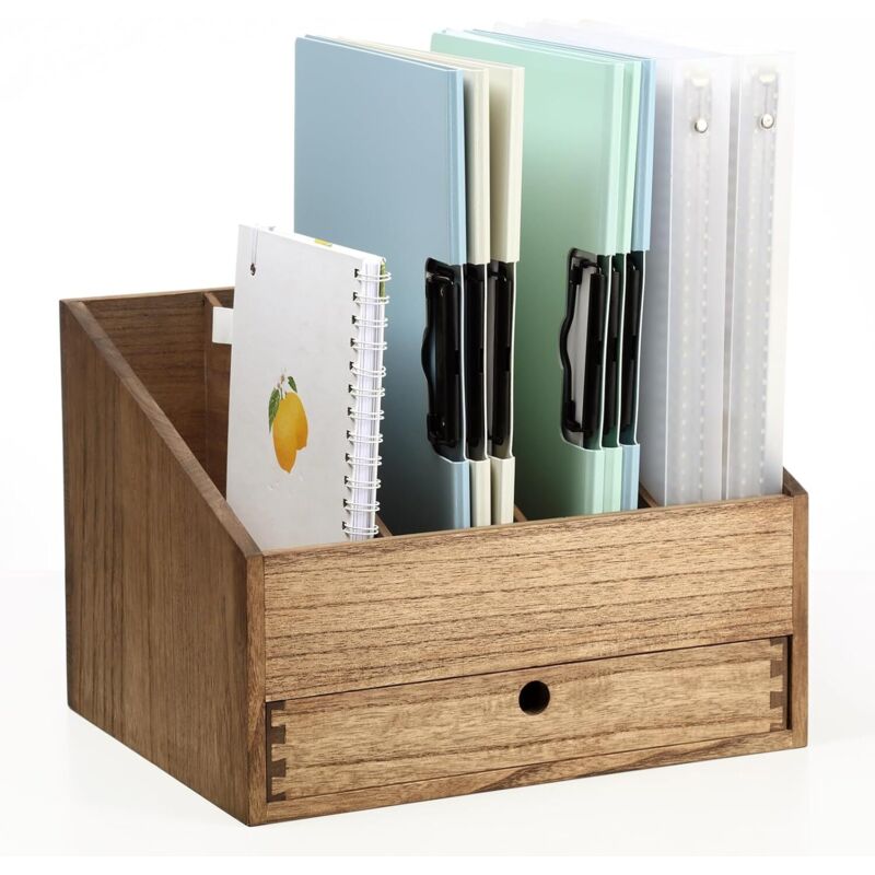 Schreibtisch-organizer Aus Holz Mit 4 Fächern Und Schublade – Briefablage, Dokumentenablage Und Aktenhalter Für Büro, Zuhause Und Schule, Braun