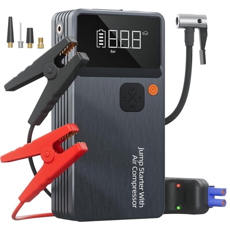 Starthilfegerät Mit Kompressor, 7-in-1-starthilfegerät Mit Luftkompressor, 12000-mah-motorrad-starthilfe, Notfall-booster Mit Led-leuchte Und Usb-c-ladefunktion