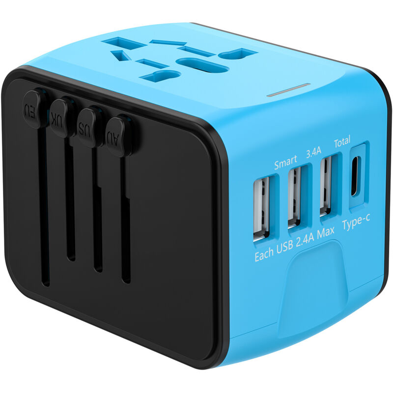 All-in-one-reiseadapter Mit Usb-c- Und 3 Usb-a-universalsteckern In Matter Optik Für Großbritannien, Usa, Kanada Und Italien