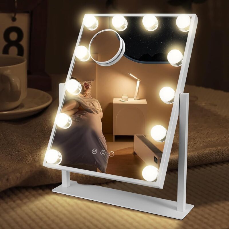 Spiegel Mit Led-beleuchtung (typ C) Und Usb-ladeanschluss, 12 Lichteinstellungen, Kosmetikspiegel Mit 3 Beleuchtungsmodi, Wandmontage, Weiß, 40 X 30 Cm