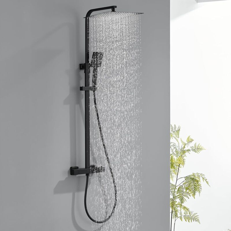 Thermostatische Duschsäule Mit 30x30cm Duschkopf, Schwarze Duschsäule, Höhenverstellbar Von 80-124cm