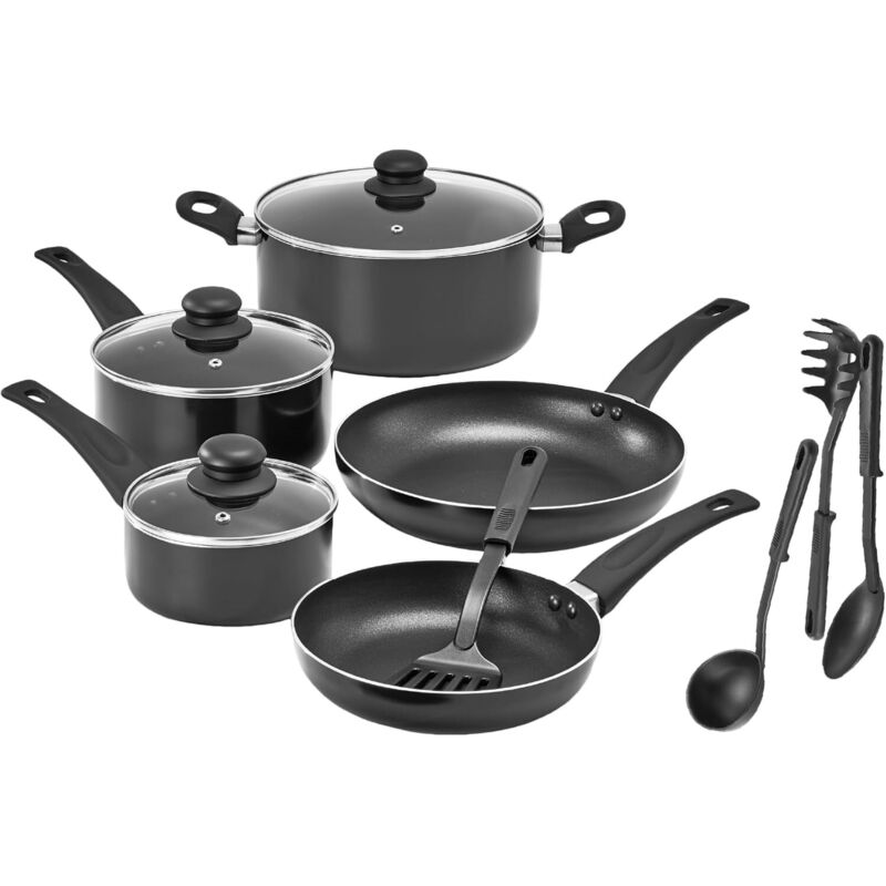 12-teiliges Kochgeschirr-set Mit Küchenhelfern, Antihaftbeschichtet, Pfoa-frei, Kratzfest, Für Alle Herdarten Geeignet, Aus Nylon Und Aluminium, Schwarz