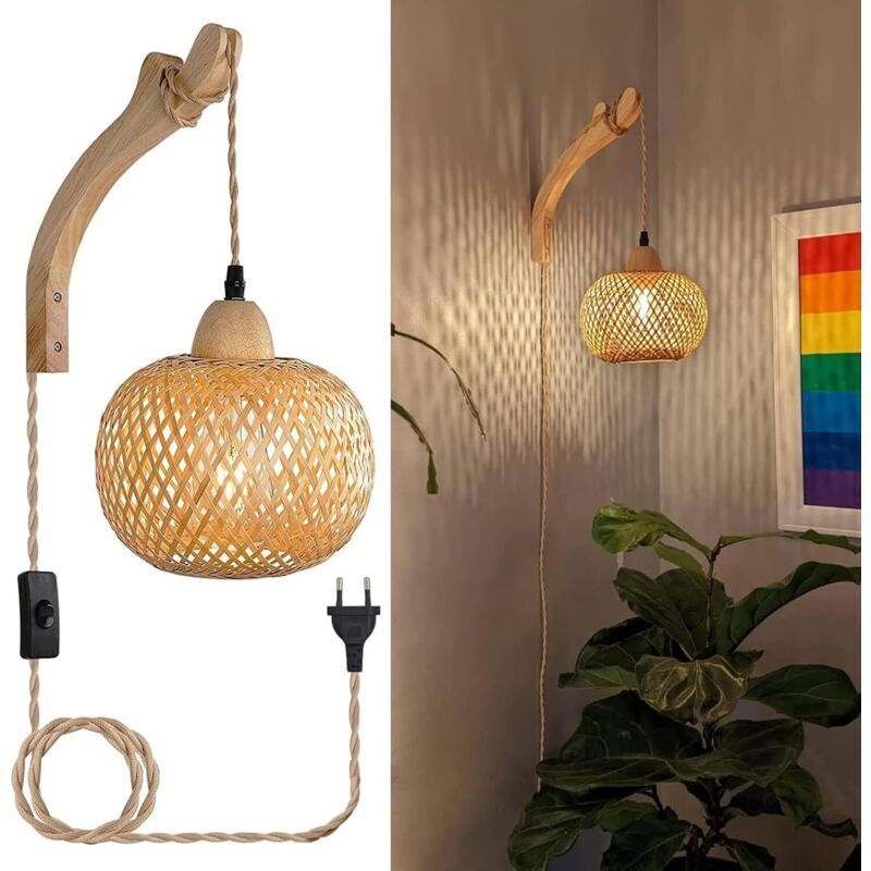 Vintage-wandleuchte Aus Holz Mit Stecker Und Schalter, Retro-bambuslaterne E27, Nachttischlampe Aus Rattan Für Schlafzimmer Und Wohnzimmer (leuchtmittel Nicht Enthalten) [energieklasse F]