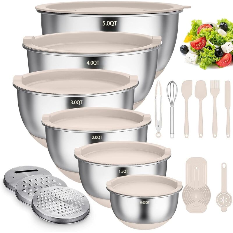 6-teiliges Salatschüssel-set Aus Edelstahl Mit Deckel Und Silikonboden, 3 Reibeinsätzen, 4,7 L/3,8 L/2,8 L/1,9 L/1,4 L/0,6 L, Rutschfest Und Stapelbar, Khaki