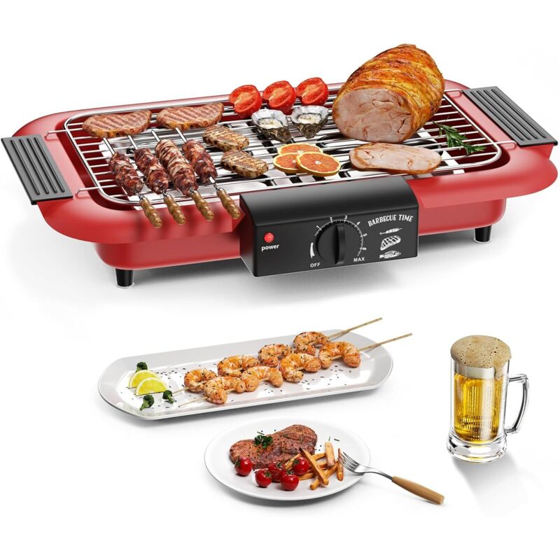 Elektrischer Grill, Für Drinnen Und Draußen, Antihaftbeschichtet, Rauchfrei, Doppelrohrgrill 2000w, Tragbar, Hohe Leistung, Abnehmbar, Zum Grillen (rot)