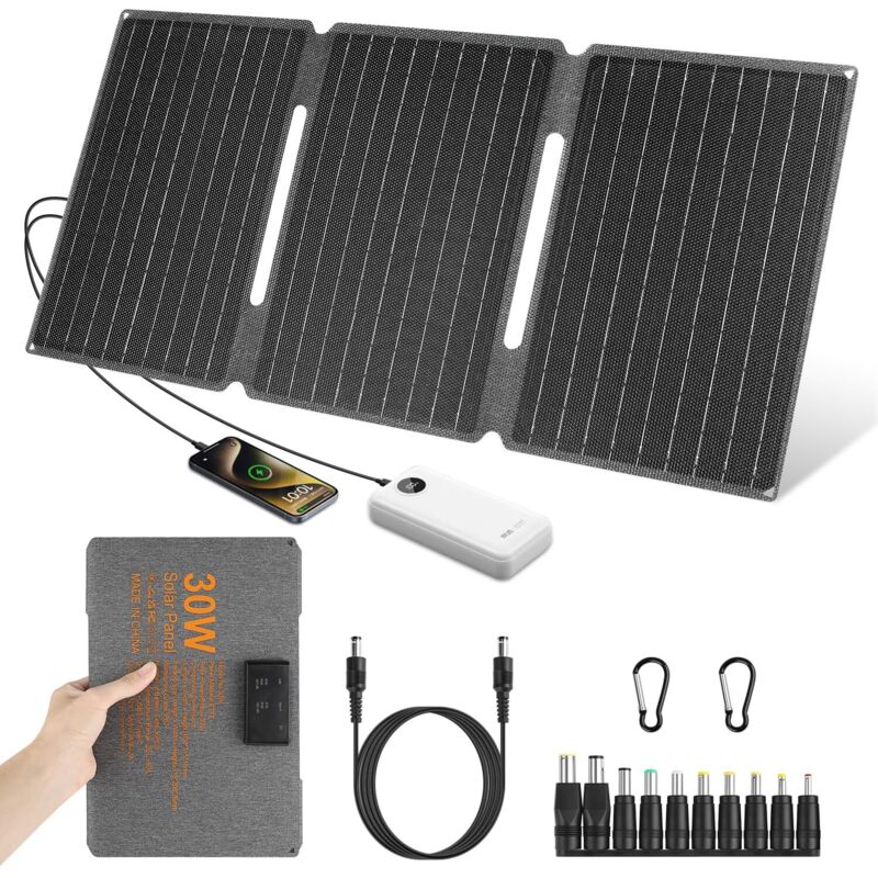 Tragbares 30-w-18-v-solarpanel, Solarladegerät, Ip67-zertifiziertes, Faltbares Solarpanel, Dc + Usb 3.0 + Typ-c – Leistungsstarkes Tragbares Solarladegerät Für Smartphones, Tablets, Powerbanks Und Cam