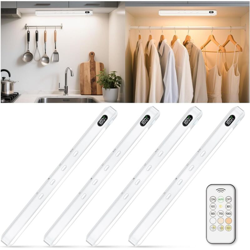 Bewegungsmelder-schrankleuchte Mit Fernbedienung, 3 Farben, Dimmbar, Kabellos, Usb-c-anschluss, Wiederaufladbar, Akkuanzeige, Für Küche, Treppenhaus, Flur, Weiß