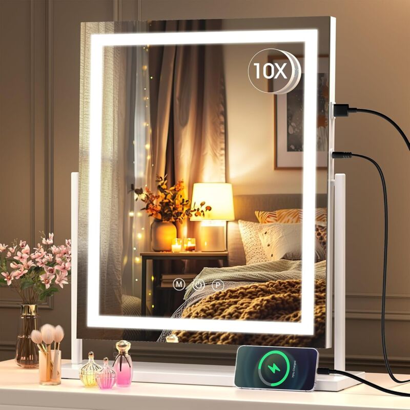 Beleuchteter Kosmetikspiegel, 40 X 50 Cm Led-schminkspiegel, Beleuchteter Spiegel Mit Smart-touch-funktion, 3 Farbmodi Und Helligkeitsregelung, 10-fache Vergrößerung, 360°-drehung
