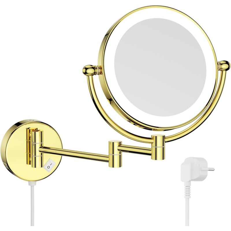 10-fach Vergrößernder Wandspiegel, Glänzend Goldfarben, Ausziehbarer, Beleuchteter Kosmetikspiegel Für Badezimmer, Doppelseitig, 20 Cm Durchmesser