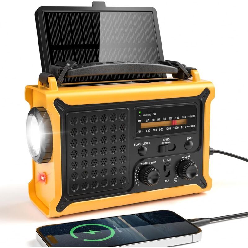 Tragbares Dynamo-radio, Am/fm-solarradio Mit 12000-mah-akku Und Handkurbel, Tragbares Campingradio Mit Taschenlampe Und Leselampe, Sos-alarm