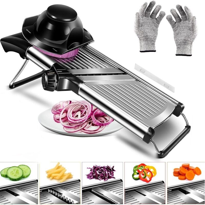 Küchenmandoline, Professioneller Gemüseschneider Aus Edelstahl, Manueller Pommes-frites-schneider Mit Handschutz Und Sicherheitshandschuhen, Multifunktionale Mandoline Mit Verstellbaren Klingen (silbe