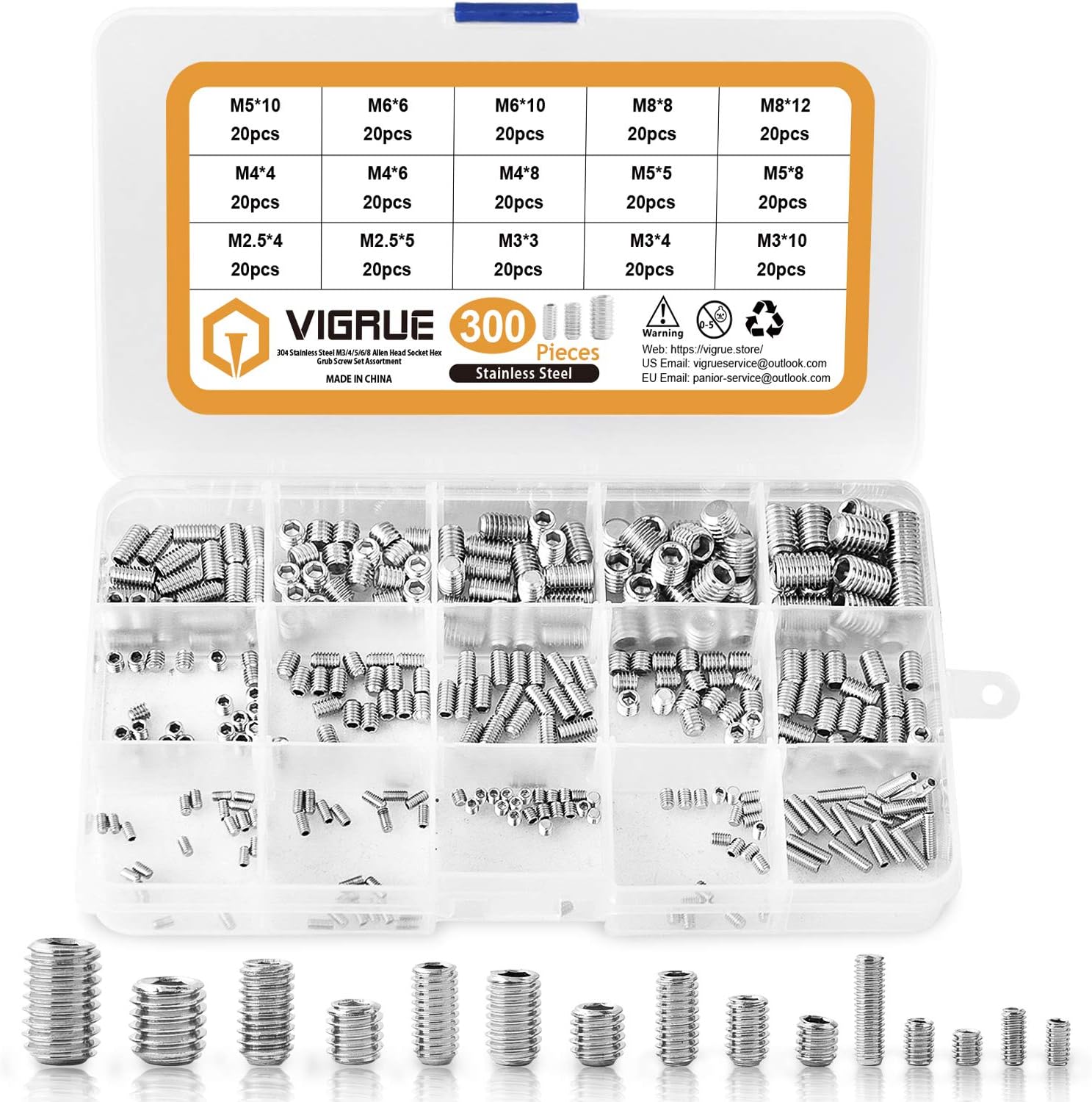 300-teiliges Set M2,5 M3 M4 M5 M6 M8 Sechskant-gewindestifte, Set-sortiment-set Edelstahl-innensechskant-gewindestift-nadelschrauben Mit Innensechskantantrieb