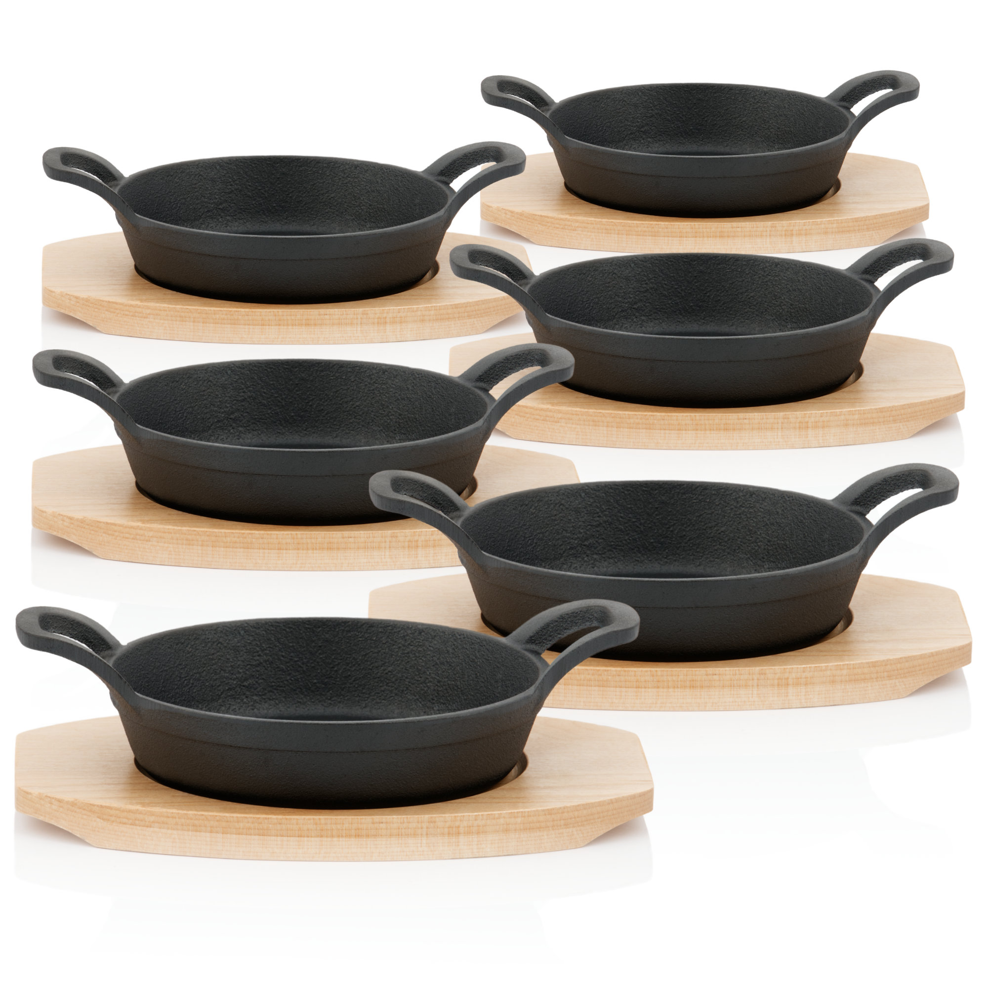 Gusseisen Servierpfännchen Mit Holzunterlage (6 Stück) Ø 16 Cm - Bbq-toro