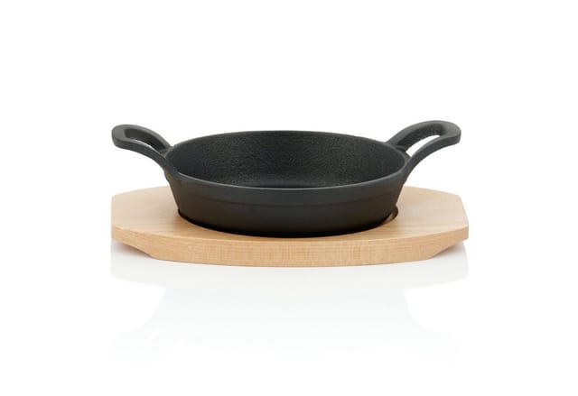 Gusseisen Servierpfännchen Mit Holzunterlage (6 Stück) Ø 16 Cm - Bbq-toro