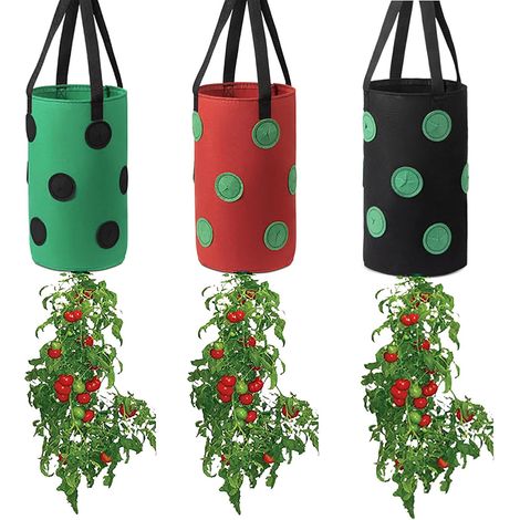 Set Aus 3 Umgedrehten Hängepflanzbeuteln Für Tomaten, Erdbeeren Und Anderes Mehrfarbiges Gemüse, Mit 12 Pflanzlöchern Und Einem Griff.