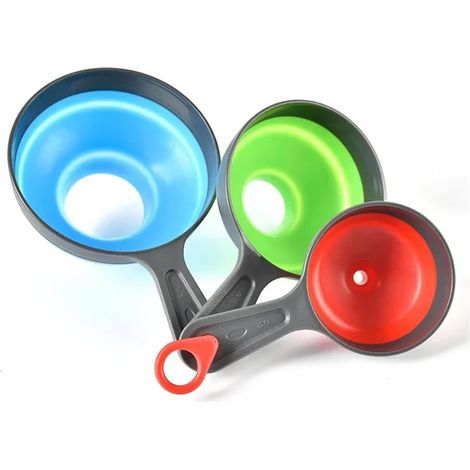 Set Aus 3 Zusammenklappbaren Und Teleskopierbaren Silikon-küchentrichtern In 3 Verschiedenen Größen, Für Pulver, Flüssigkeiten Und Marmeladen.