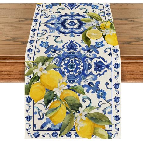 Tischläufer, Mediterranes Zitronen-sommer-tischläufer, Blau-weiß-gelb, Moderner Gartentisch, Waschbares Polyester, Frühlingsdekor Für Den Außenbereich, Küche