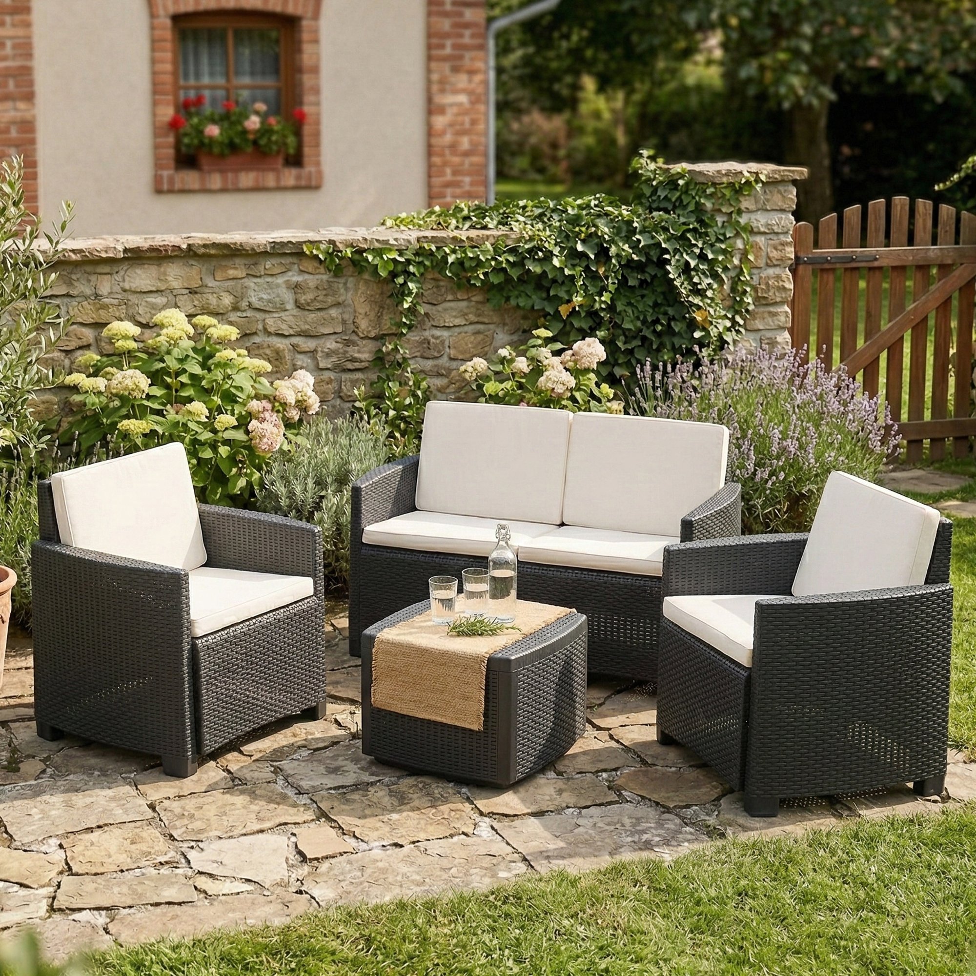 Dmora Outdoor-lounge-set Catanzaro, Gartengarnitur Mit 2 Sesseln, 1 Sofa Und 1 Aufbewahrungstisch, Rattan-optik Mit Kissen, 100 % Made In Italy, Anthrazit