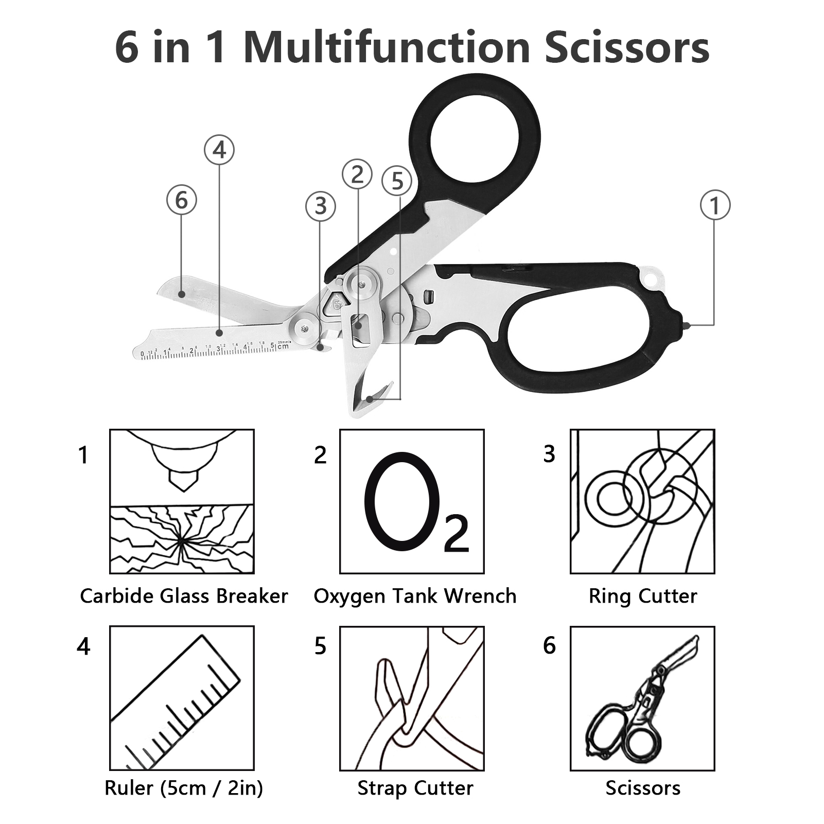 6-in-1 Faltbare Multifunktionsschere: Notfallschere, Outdoor-überlebensschere, Haushaltsreparaturwerkzeug, Hartmetall-glasbrecher, Sauerstoffflaschenschlüssel, Ringschneider, Riemenschneider, Lineal.