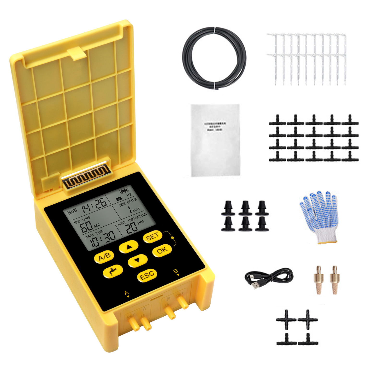 Solar-tropfbewässerungssystem Mit Zwei Pumpen, Regensensor, Digitalanzeige, Kindersicherung, 2-gruppen-bewässerungssystem Für 20 Topfpflanzen, Diy-tropfbewässerungsset Mit Solarpanel, 15 M Schlauch, K