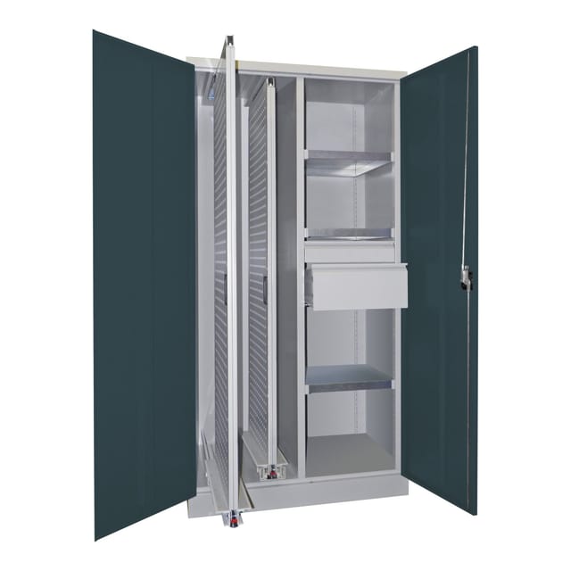 Pavoy Vertikalauszugsschrank, Trennwand, 2 Auszüge, 3 FB, 2 Schubladen, RAL 7035/7016