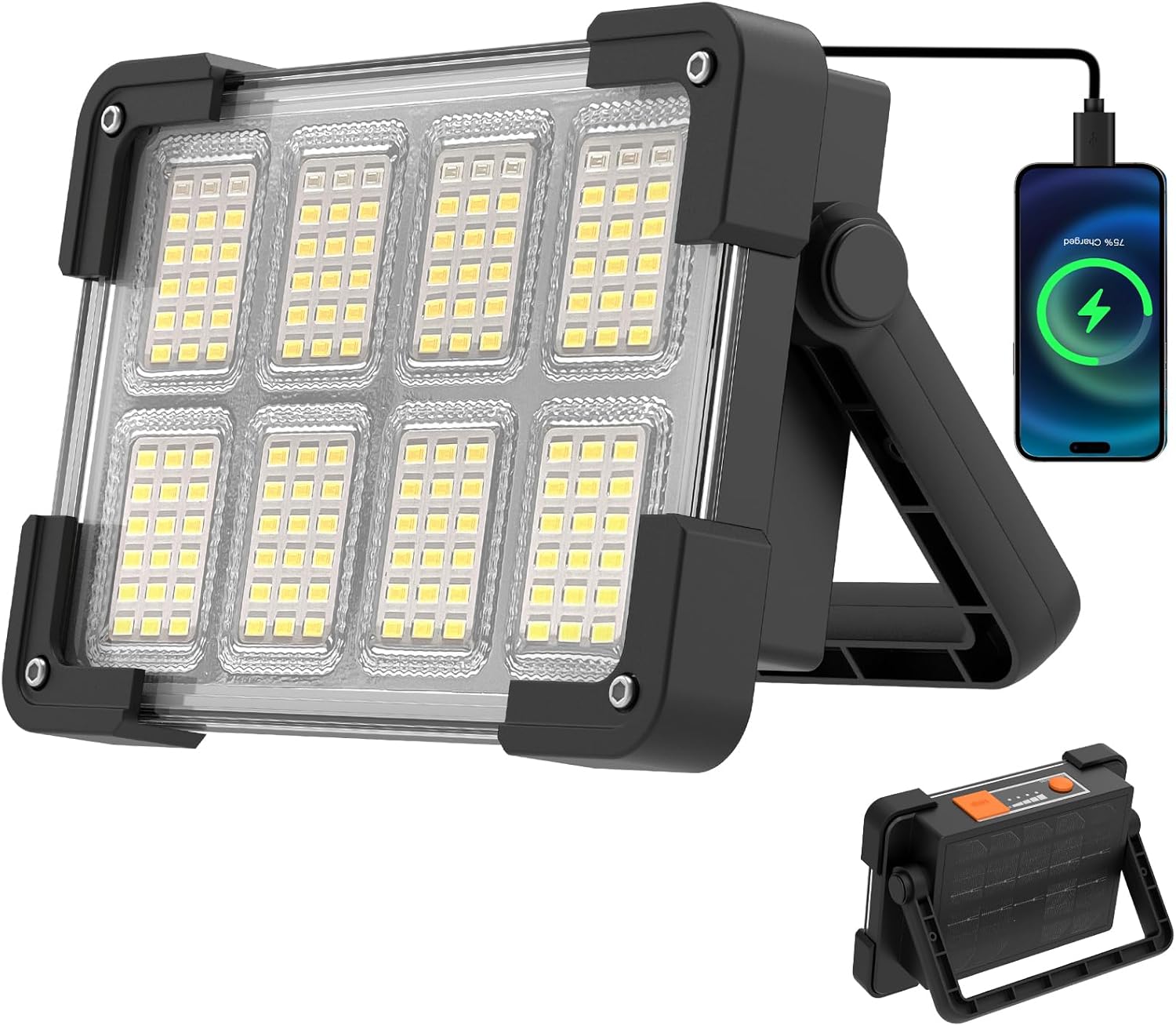 Tragbarer, Wiederaufladbarer Led-fluter, Wasserdichte Arbeitsleuchte, 4 Modi Usb-leuchte Mit Solarpanel Für Camping, Garage, Notfälle Und Werkstatt